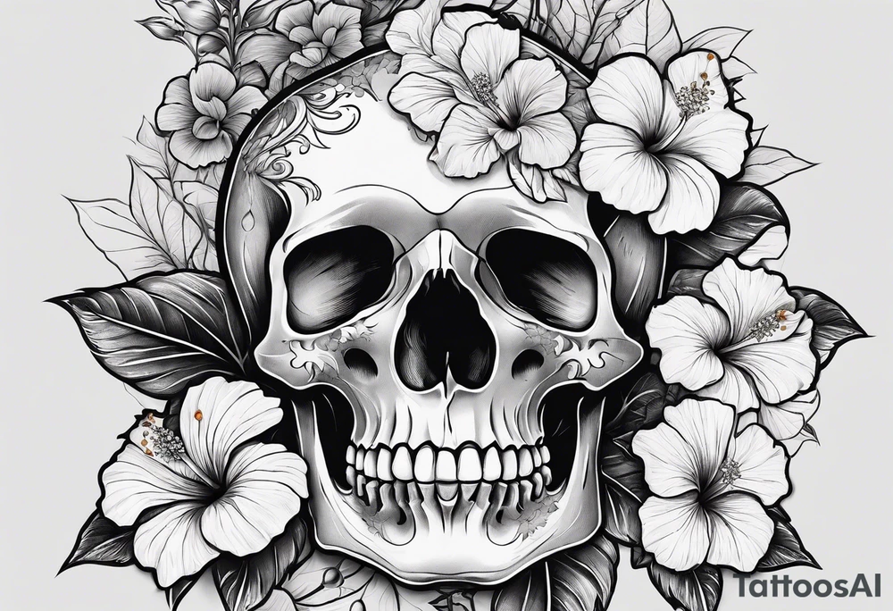 a full body female skeleton with hibiscus flower. tattoo idea