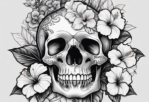 a full body female skeleton with hibiscus flower. tattoo idea