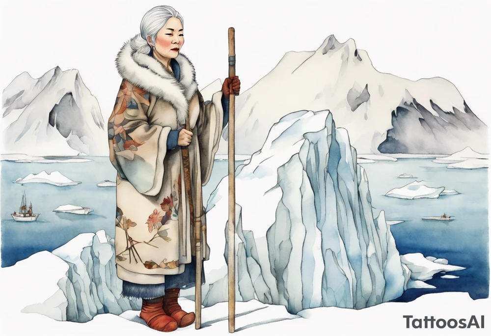 a middle aged Inuit woman with white hair, wearing mittens, holding a white staff, wearing mukluks, standing on an iceberg tattoo idea