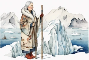 a middle aged Inuit woman with white hair, wearing mittens, holding a white staff, wearing mukluks, standing on an iceberg tattoo idea
