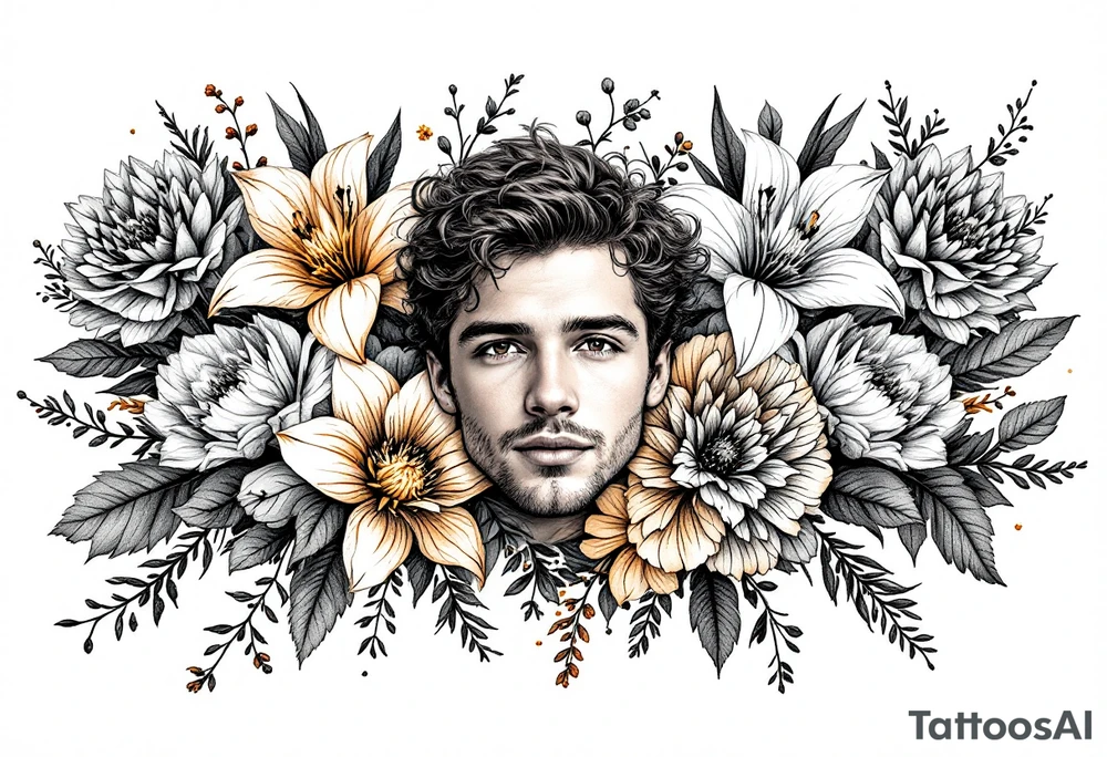 A row of birth flowers with the son’s portrait in the center, highlighted in full color, while others are shaded in black. tattoo idea