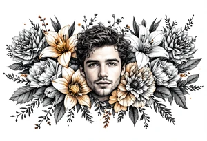 A row of birth flowers with the son’s portrait in the center, highlighted in full color, while others are shaded in black. tattoo idea