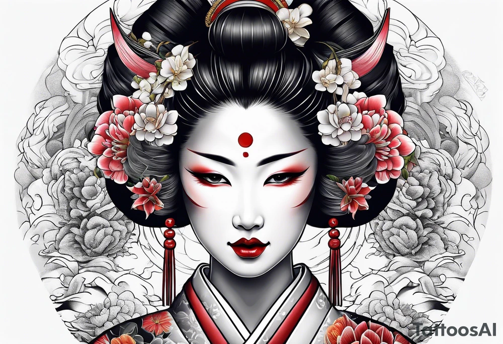 geisha pulling off hannya mask tattoo idea