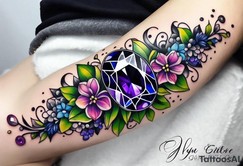 Delicate but strong garter tattoo band with sprinkles of stars and a amethyst, blue sapphire and peridot birthstone tattoo idea