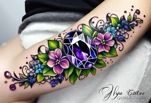 Delicate but strong garter tattoo band with sprinkles of stars and a amethyst, blue sapphire and peridot birthstone tattoo idea