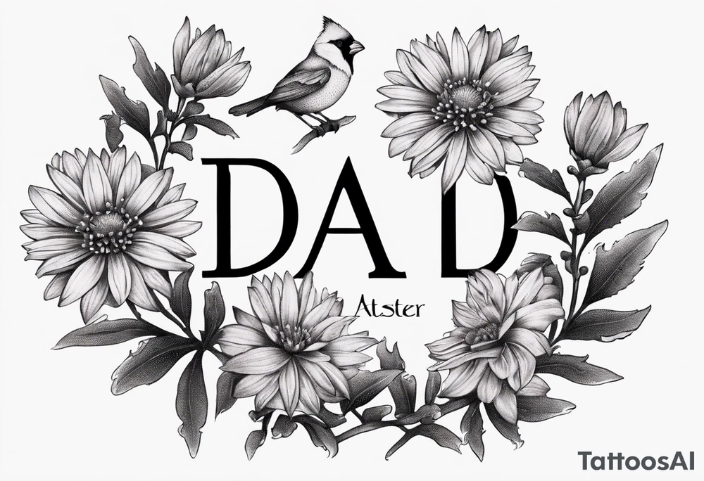 Aster flowers - sea rocket flowers with a cardinal around the words Dad tattoo idea
