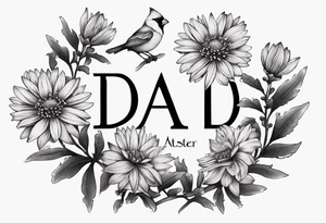 Aster flowers - sea rocket flowers with a cardinal around the words Dad tattoo idea