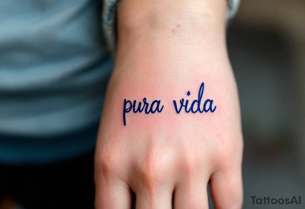 Simple cursive “Pura Vida” inked in navy blue with a small lavender sprig underlining the text. tattoo idea
