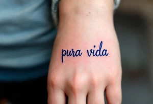 Simple cursive “Pura Vida” inked in navy blue with a small lavender sprig underlining the text. tattoo idea