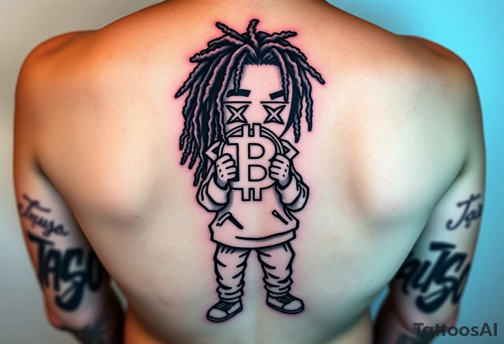 Create a tattoo stencil Use a street-art / pop-art vibe with a cartoon figure with dreadlocs holding a bitcoin to cover his eyes have bold lines, “x” for eyes. make them have on a hoodie and jogger sweatpants have in the background in graffiti letters “Jaruso” tattoo idea