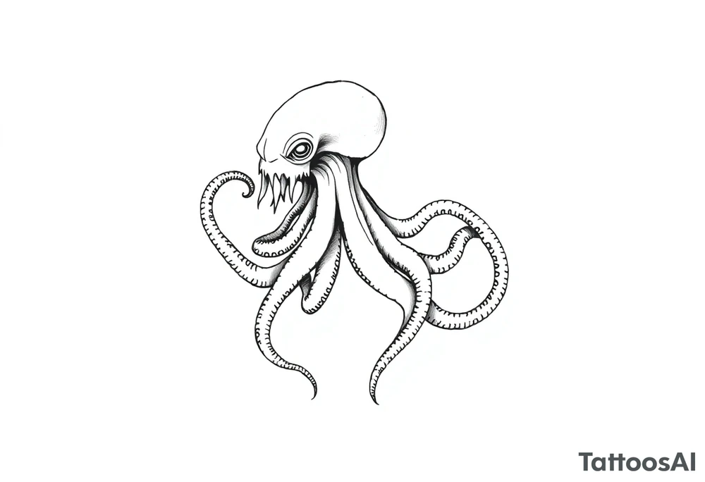 A minimalist blackwork tattoo design of a kraken The kraken is viewed from a 45-degree angle facing left, with its head centered. The tentacles extend only to the left and right, with none going downward beneath the head. The style is clean, fine-line detailing with bold outlines, avoiding heavy shading. The tentacles should be fluid, aggressive, and striking, enhancing the menacing and eerie look of the kraken while maintaining a cohesive design for a tattoo sleeve. tattoo idea