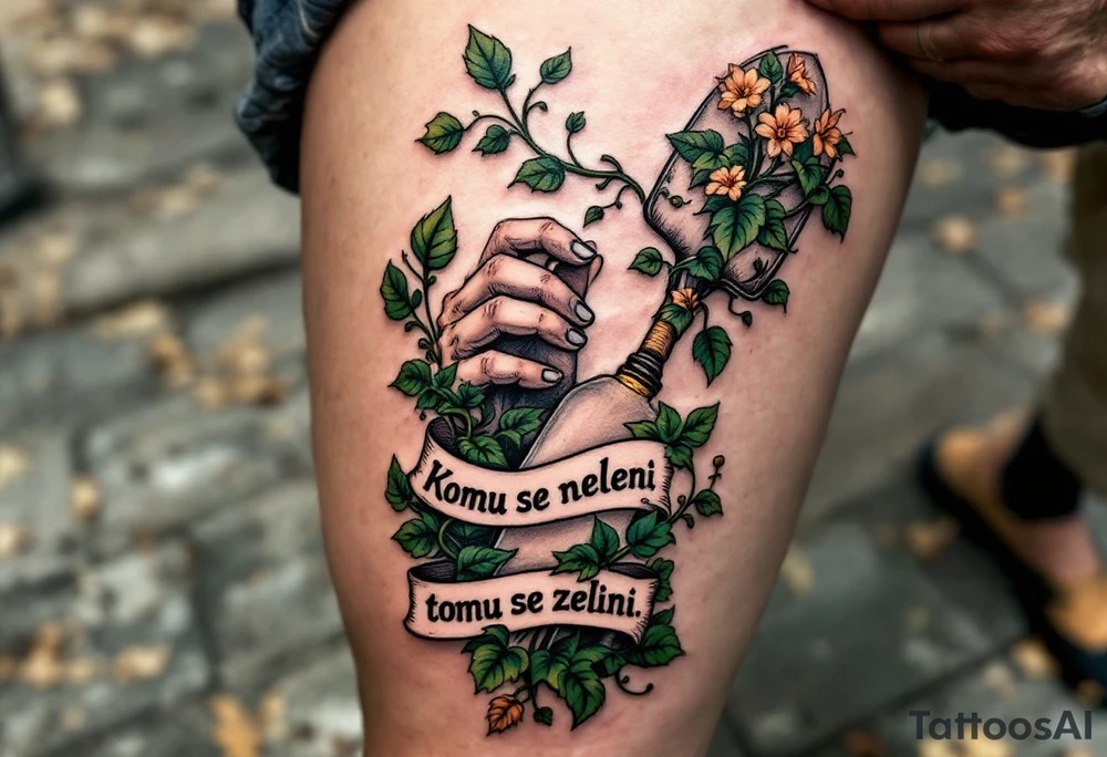 "Komu se neleni, tomu se zeleni." — Lush green vines wrapping around a pair of hard-working hands holding a trowel, with the phrase blooming along the handle. tattoo idea