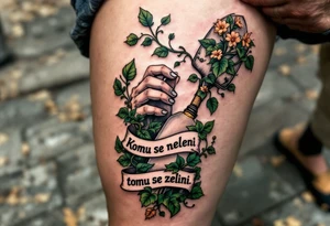 "Komu se neleni, tomu se zeleni." — Lush green vines wrapping around a pair of hard-working hands holding a trowel, with the phrase blooming along the handle. tattoo idea