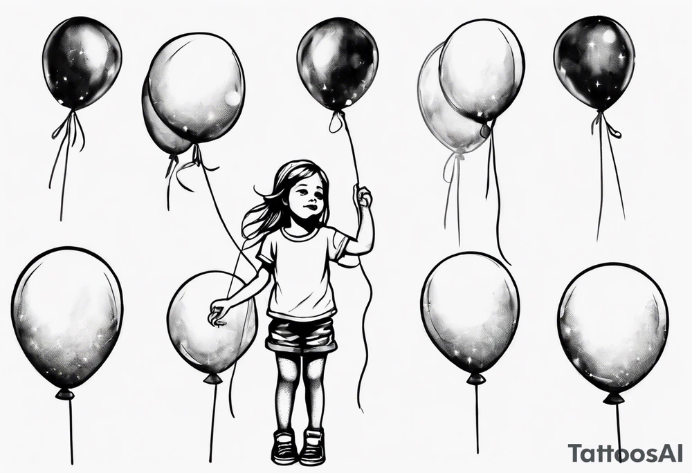 Little girl holding on to balloons and wearing a T-shirt saying ‘dream’ , going up to the sky tattoo idea