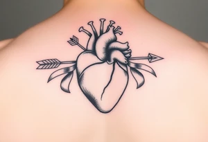 anatomical heart pierced by ornate arrow with flowing ribbons tattoo idea