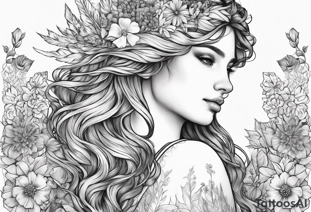 wildflowers and pegasus and valkrie curly hair princess half sleeve arm tattoo idea