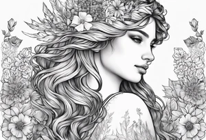 wildflowers and pegasus and valkrie curly hair princess half sleeve arm tattoo idea