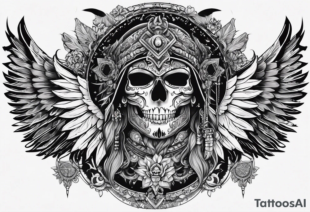 black kali, goddess pirate, alien, pachamama, valkrye, warrior, skull, lotus azul, wing, eagle, zenza resonance, stars, one side chest tattoo idea