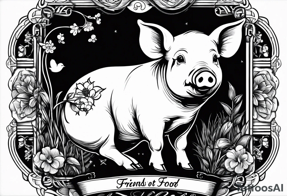 cute pig or piglet.
with text: "friends not food" 

only very thin lines. no shading. black and white only. simple outline tattoo idea