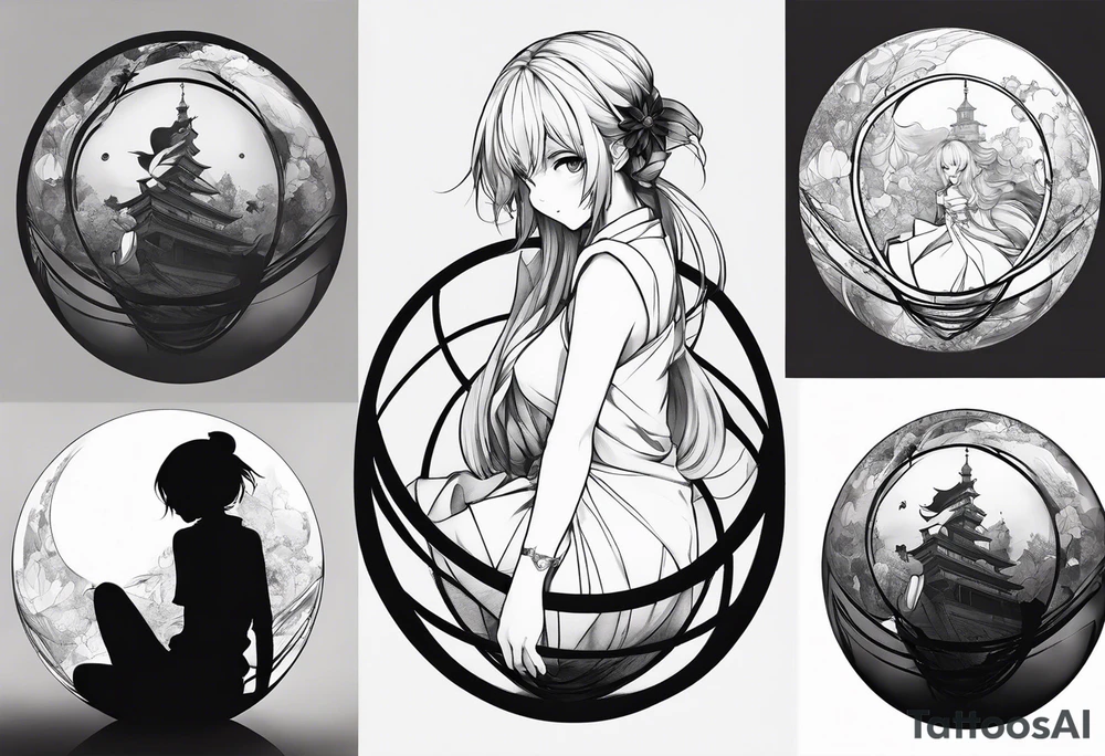 an anime girl sitting on a sphere, staring front tattoo idea an anime girl sitting on a sphere, staring front tattoo idea