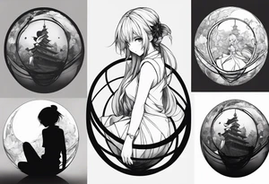 an anime girl sitting on a sphere, staring front tattoo idea