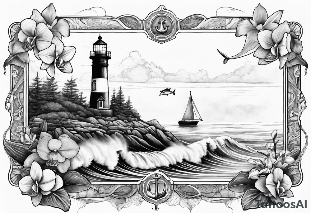 Lighthouse on a beach with a humpback whale's tail sticking out of the water of the ocean with a border containing an anchor and orchids tattoo idea