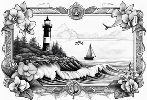 Lighthouse on a beach with a humpback whale's tail sticking out of the water of the ocean with a border containing an anchor and orchids tattoo idea