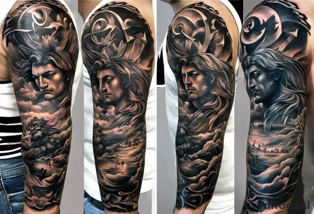 Im a businessman and I had a very long and hard time, chasing my dreams, not giving up, hard work, dedication, focus, heart broken, recovered, pushing hard, got broke and gained again. I like greek gods and I want a full sleeve tattoo exactly telling me the story of my life tattoo idea
