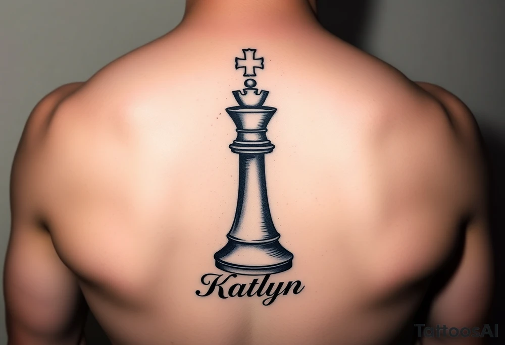 A queen chess piece with the name Katlyn incorporated into the bottom of the piece tattoo idea