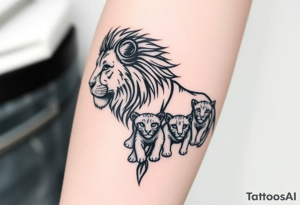 Tribal half male lion half 3 female cubs tattoo idea