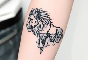 Tribal half male lion half 3 female cubs tattoo idea