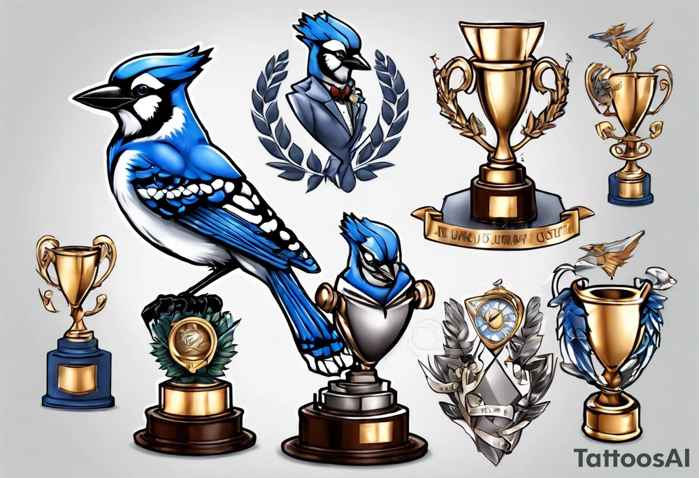 bluejay in a suit holding a trophy tattoo idea