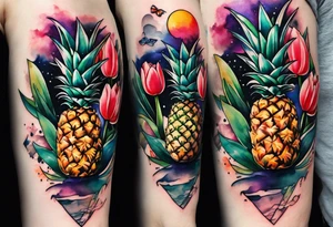 Watercolour style arm tattoo with pineapples and tulips under Amsterdam canal in space featuring wildlife, stag deer and pineapples tattoo idea