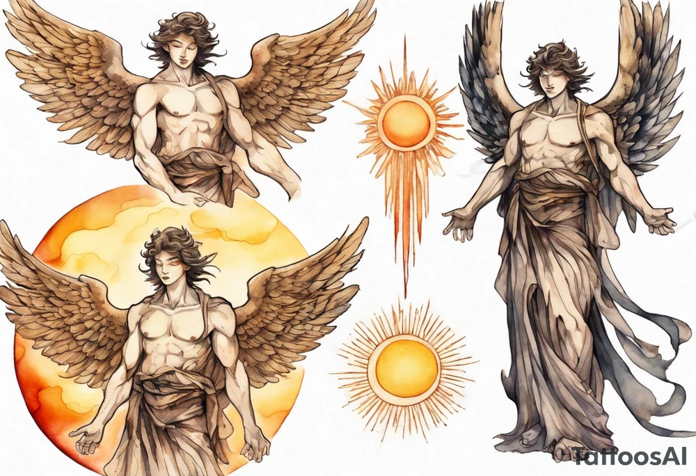 a solitary bronze skinned male angel with glowing eyes standing upon the sun tattoo idea