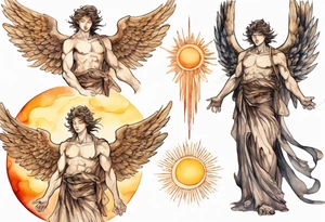 a solitary bronze skinned male angel with glowing eyes standing upon the sun tattoo idea