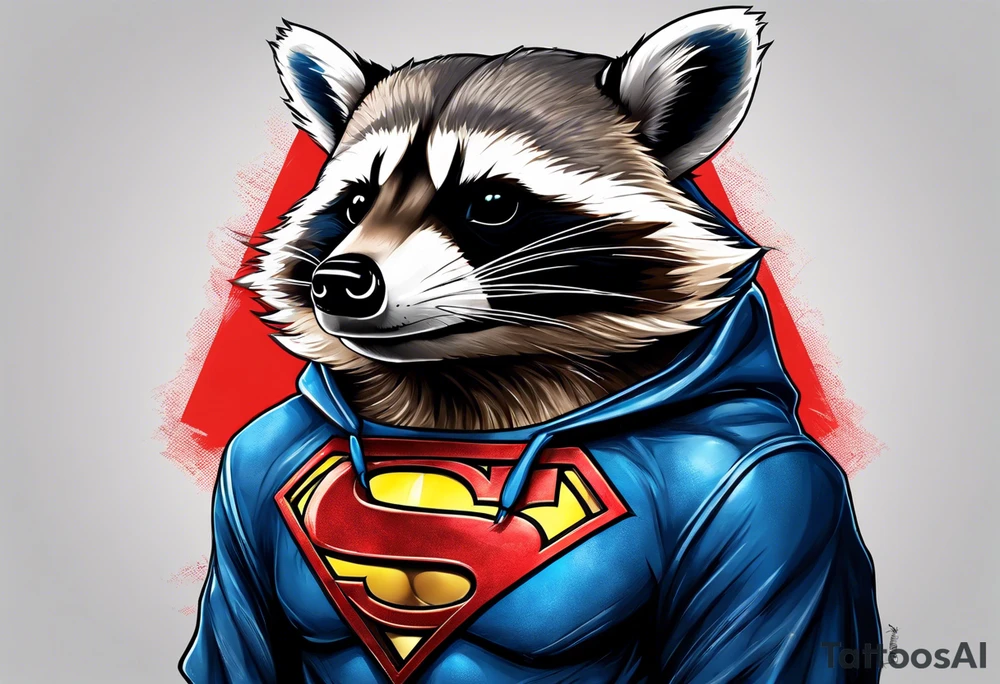 raccoon wearing a Superman hoodie tattoo idea