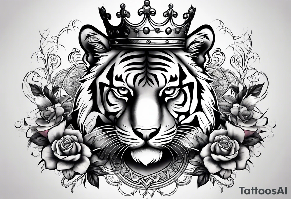 A tiger with crown and smoke rose times clocks tattoo idea A tiger with crown and smoke rose times clocks tattoo idea