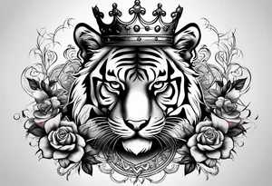 A tiger with crown and smoke rose times clocks tattoo idea