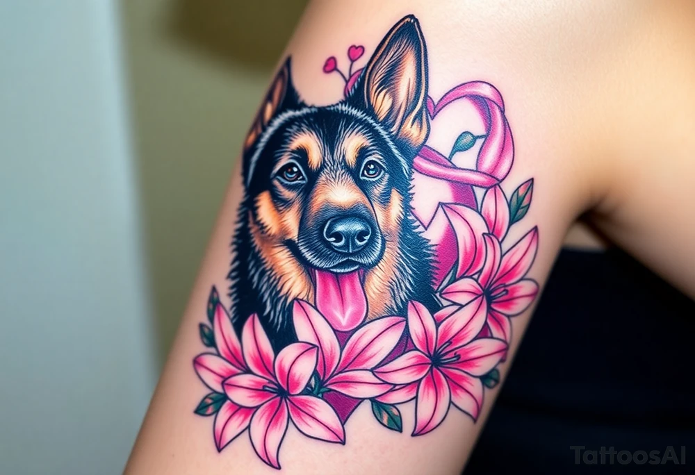 short haired german shepherd with alert ears surrounded by pink lilies with large leaves in front of a sacred heart tattoo idea
