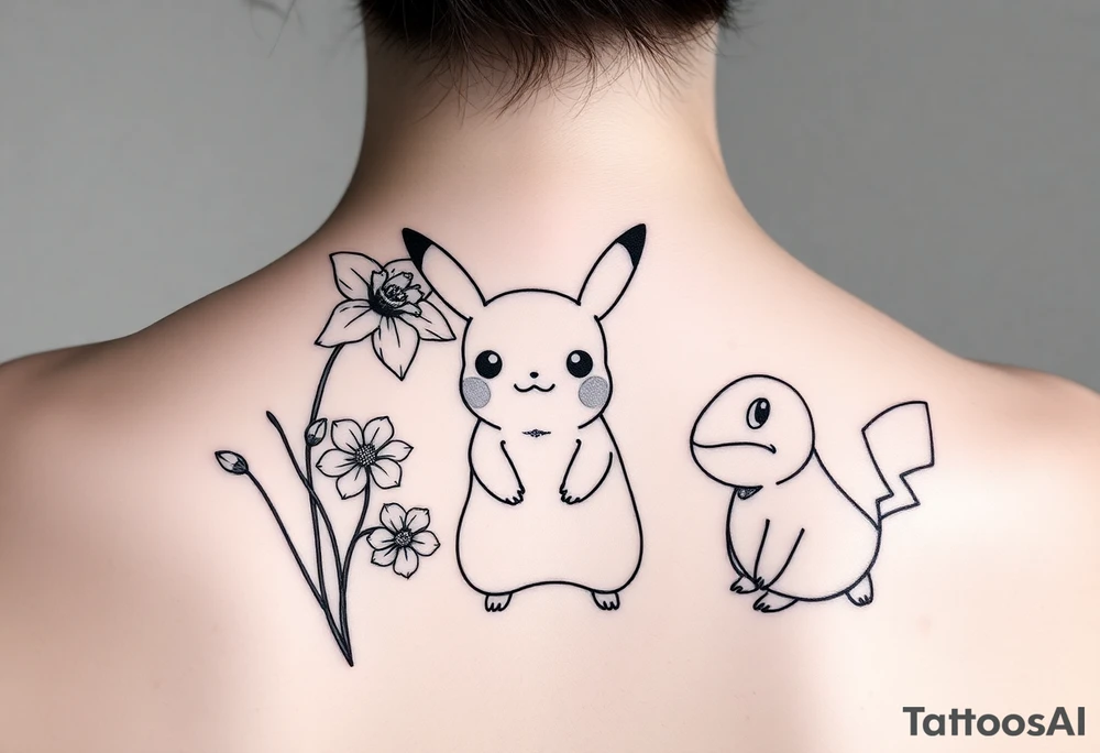 Thin outline of daffodil flowers, narcissist flowers, acute Pikachu and a cute Bulbasaur tattoo idea