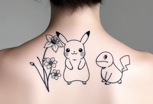 Thin outline of daffodil flowers, narcissist flowers, acute Pikachu and a cute Bulbasaur tattoo idea