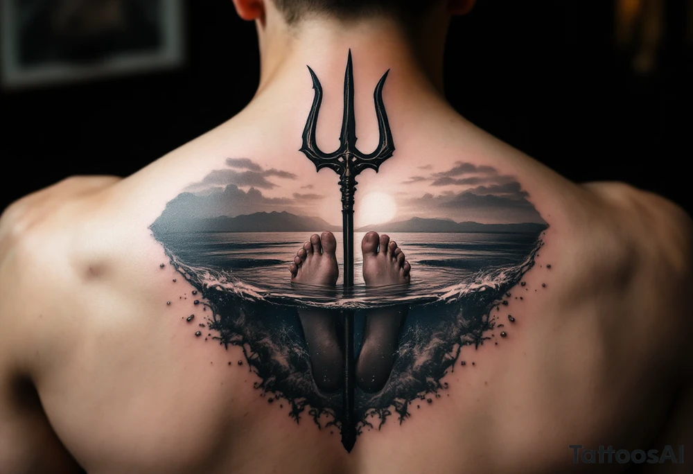 barefeet behind trident half way under water and sunset tattoo idea