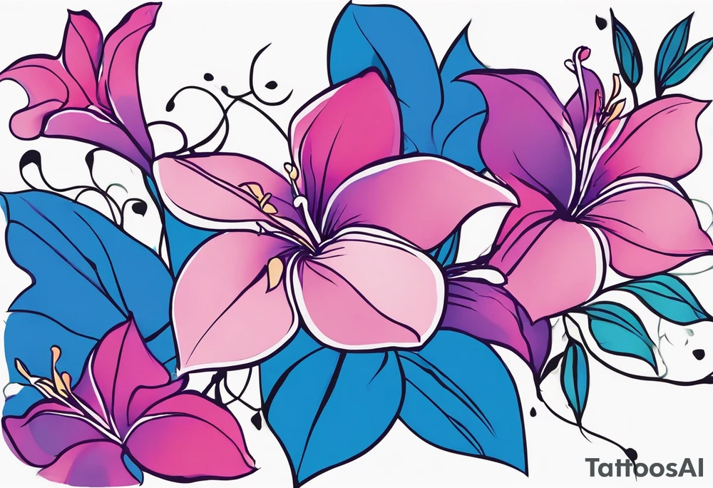brushstroke abstract pink, purple, and blue mandevilla flowers on a vine, with color leaking out into the background. SOme of the flowers should be full color, and some just linework. It should have a handdrawn, sketch feel. tattoo idea