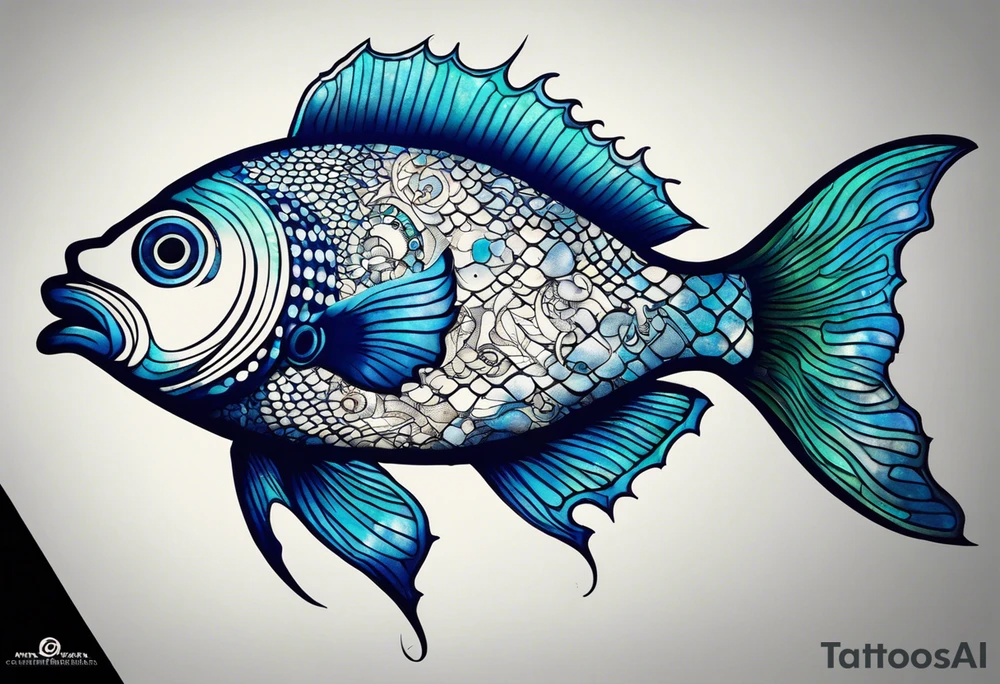 “A highly detailed and artistic tattoo design featuring a large, majestic fish riding on top of realistic tank treads. The fish should have vibrant, shimmering scales in shades of blue and green. The tank treads should be intricately designed with visible gears and metal links, emphasizing a mechanical look. The background should blend underwater elements with mechanical parts, including bubbles and smaller fish. The overall style should combine realism with a fantasy element, making it perfect for a unique and eye-catching tattoo.” tattoo idea