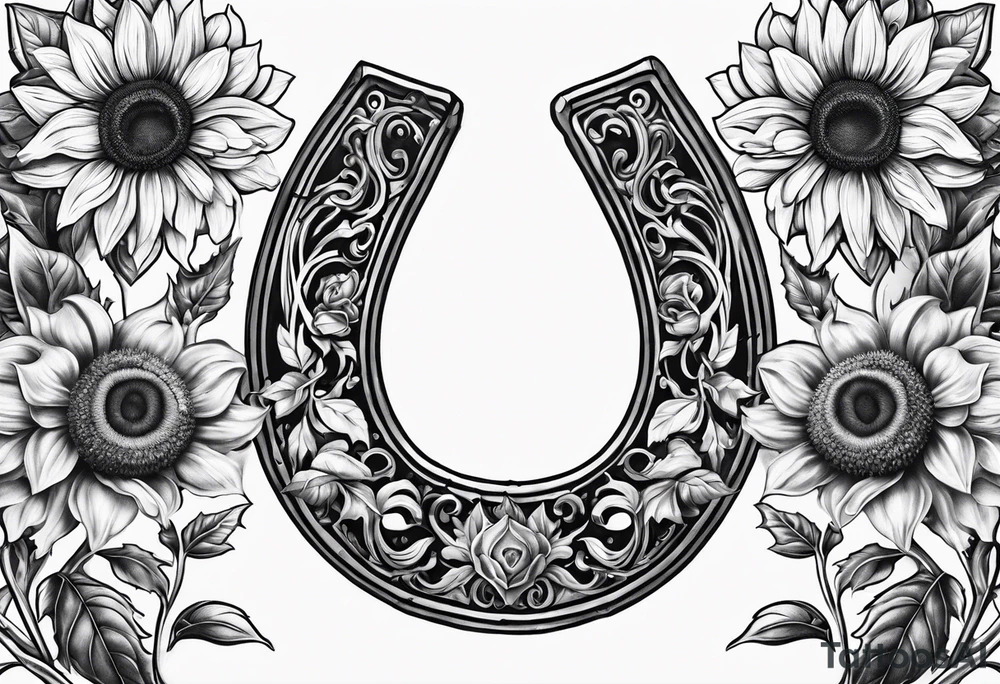 Realistic Horseshoe around a sunflower tattoo idea