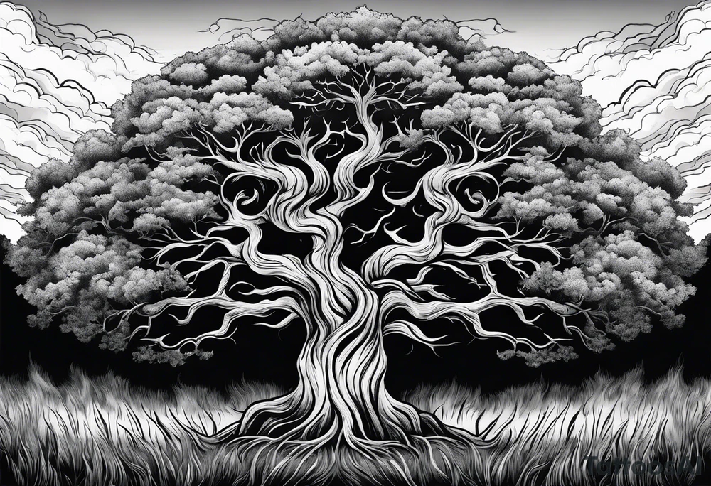 enormous old tree standing in the middle of a field engulfed in flames tattoo idea