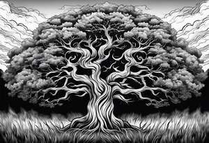 enormous old tree standing in the middle of a field engulfed in flames tattoo idea