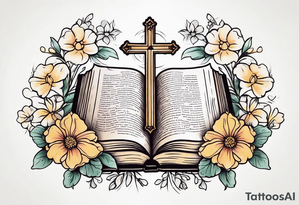 front of bible with cross on bible surrounded by flowers tattoo idea