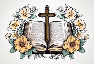 front of bible with cross on bible surrounded by flowers tattoo idea