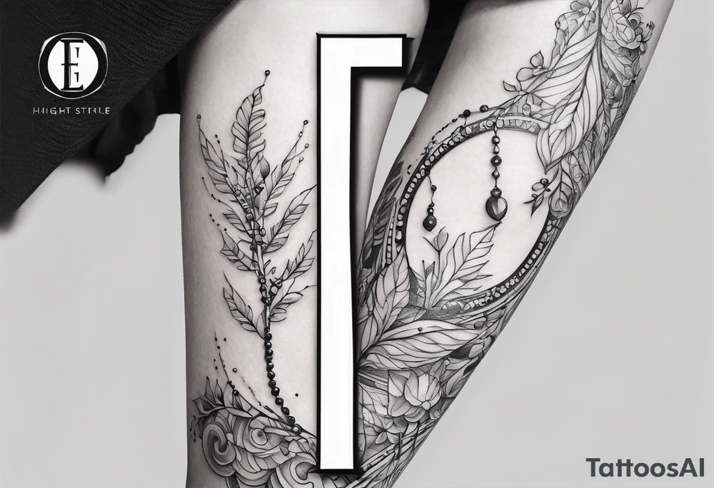 black and white tattoo around the leg in the design of a twig with beads below which hang three letters, namely the letter E, V and A tattoo idea